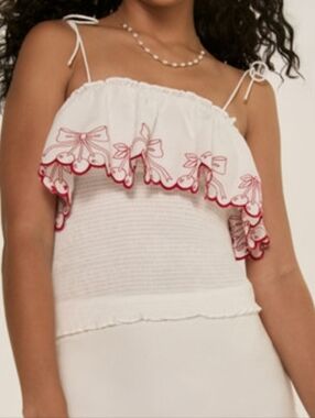Francesca's Collections Ronya White Cherry Embroidered Ruffle Smock Top Size S